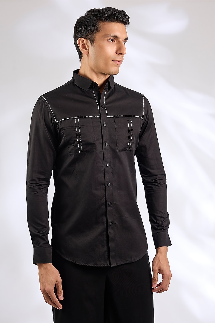 Black Cotton Embroidered Shirt by SEVENDC MEN