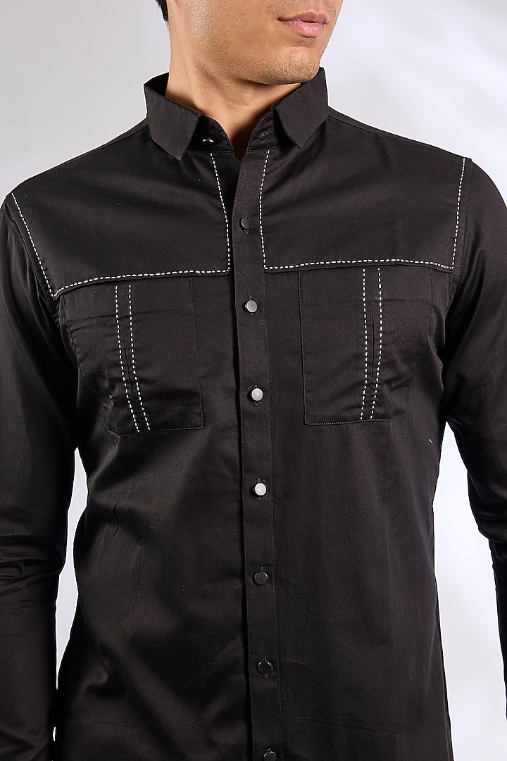 Black Cotton Embroidered Party Wear Shirt by SEVENDC MEN at Pernia's Pop Up Shop