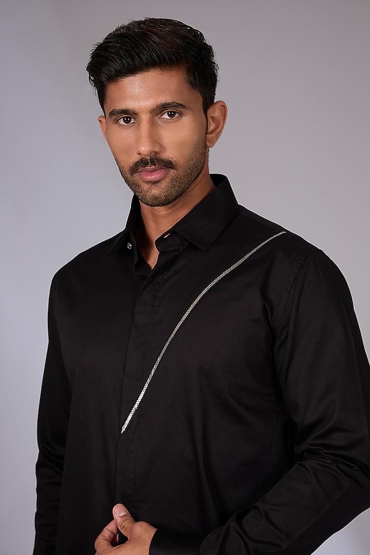 Black Cotton Party Wear Shirt by SEVENDC MEN at Pernia's Pop Up Shop