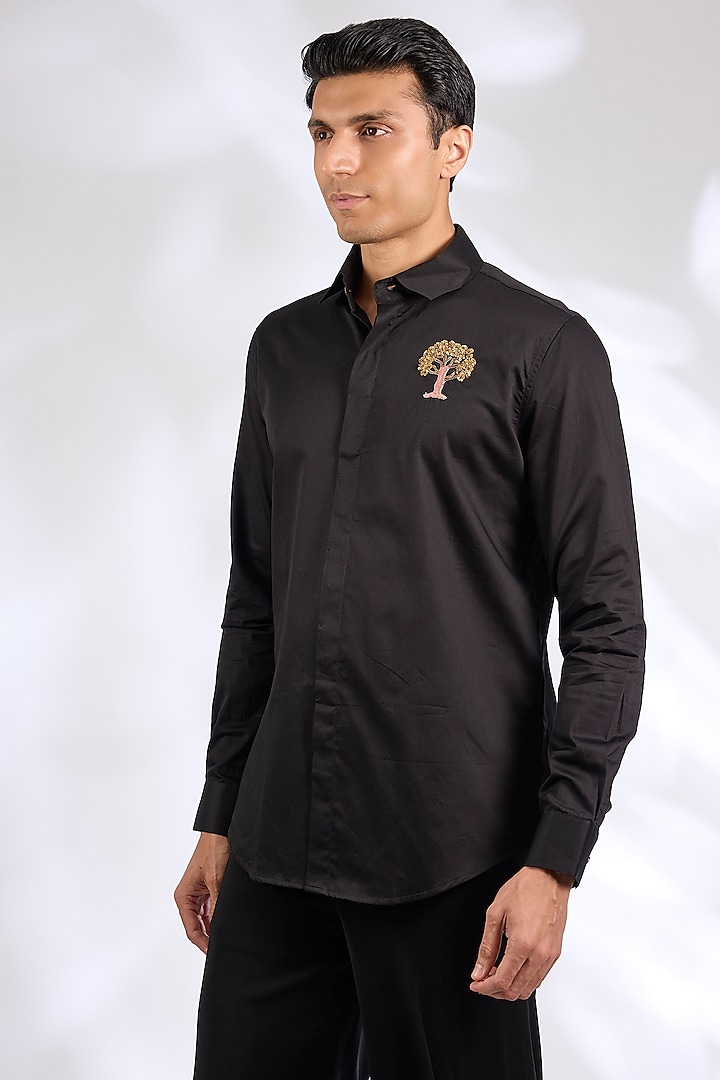Black Cotton Embroidered Shirt by SEVENDC MEN