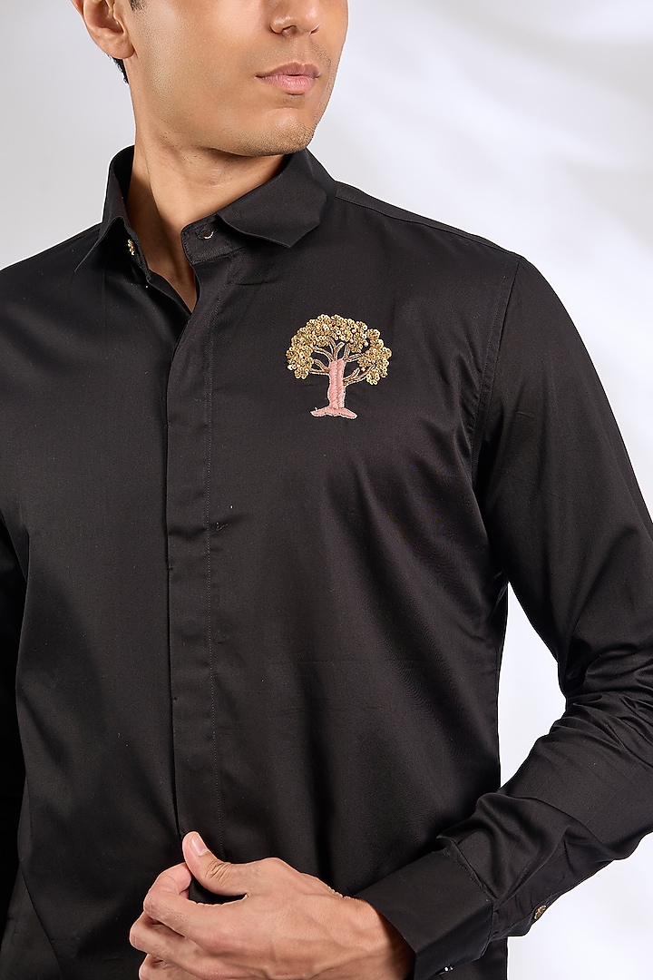 Black Cotton Embroidered Party Wear Shirt by SEVENDC MEN at Pernia's Pop Up Shop