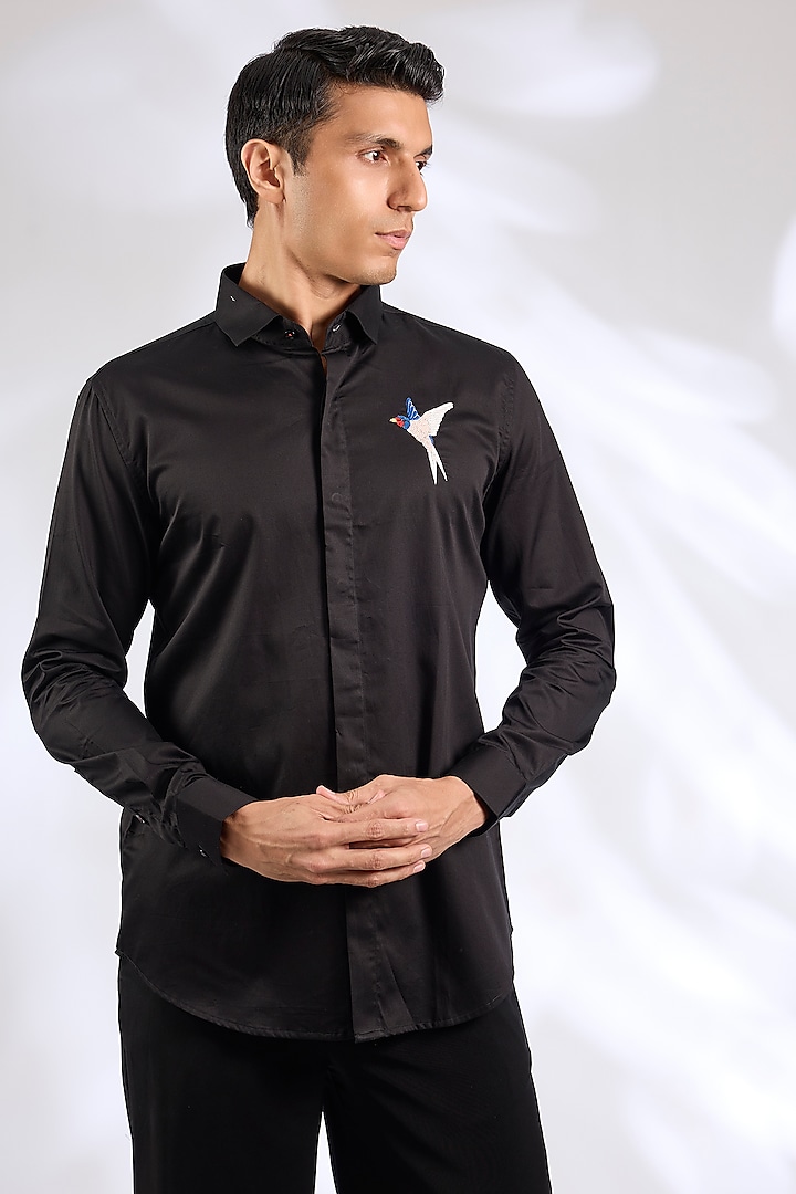 Black Cotton Motif Shirt by SEVENDC MEN