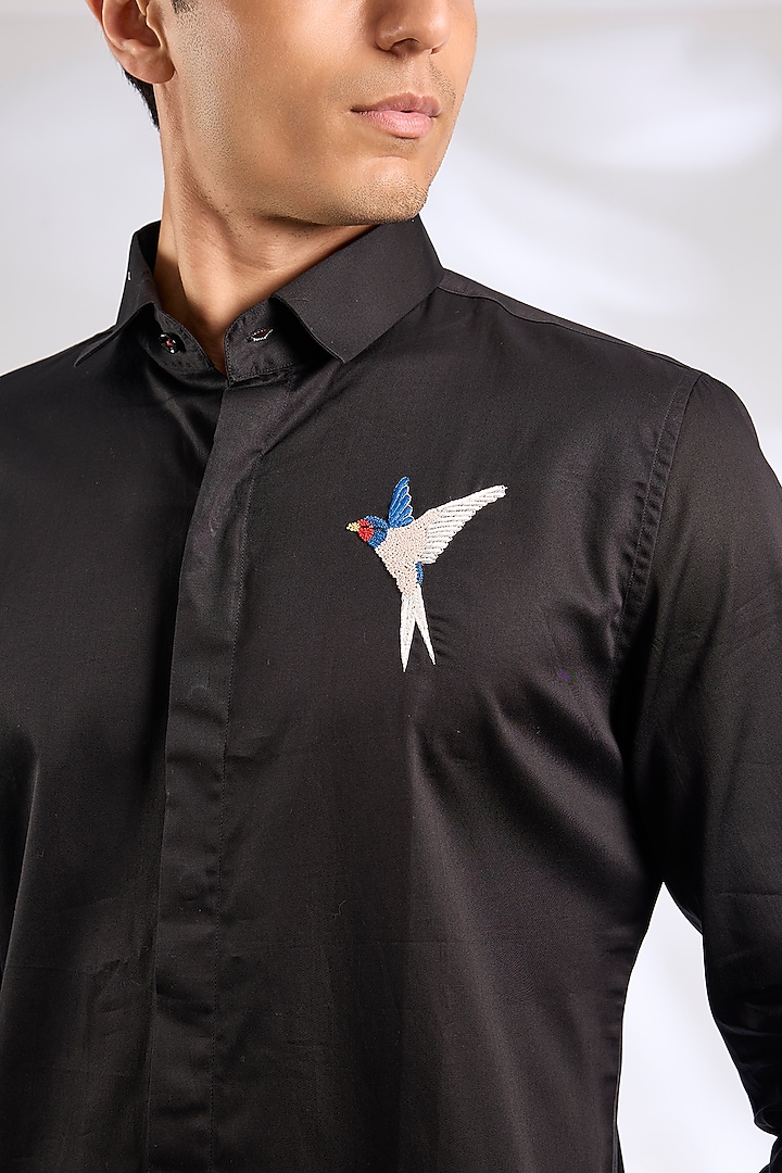 Black Cotton Motif Party Wear Shirt by SEVENDC MEN at Pernia's Pop Up Shop