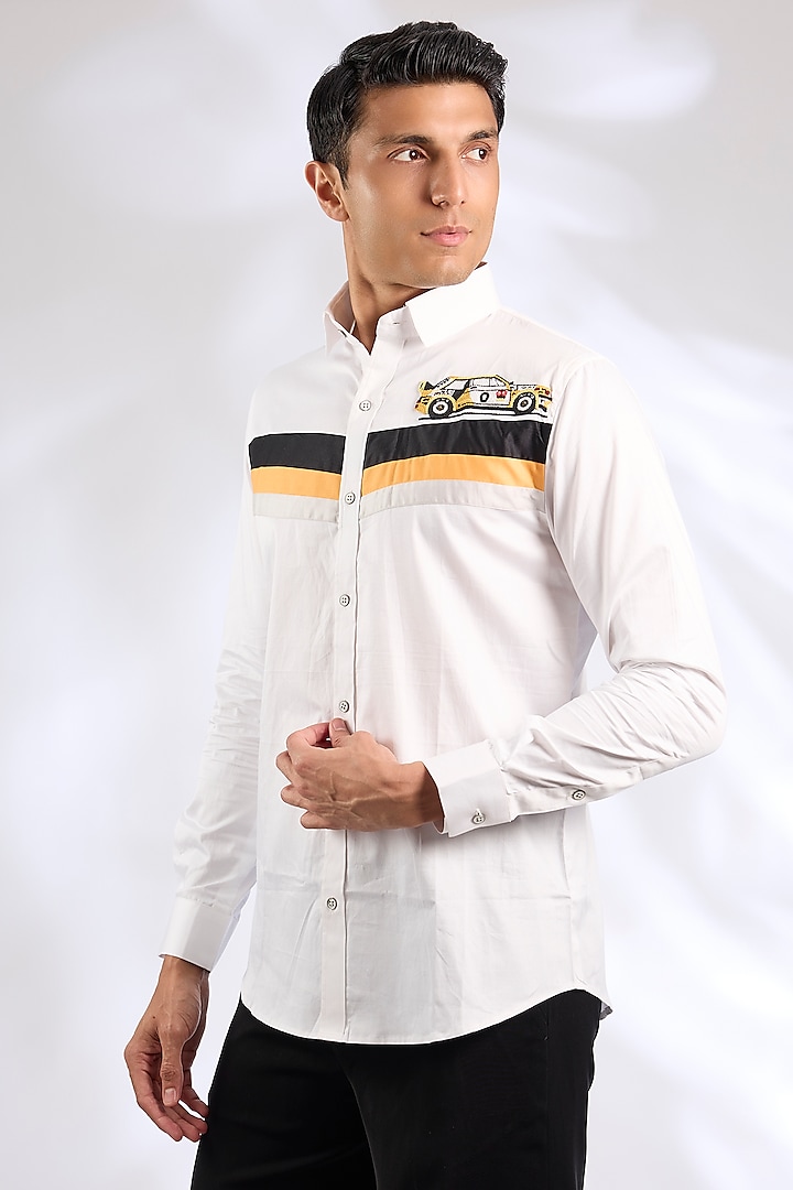 White Cotton Car Motif Shirt by SEVENDC MEN