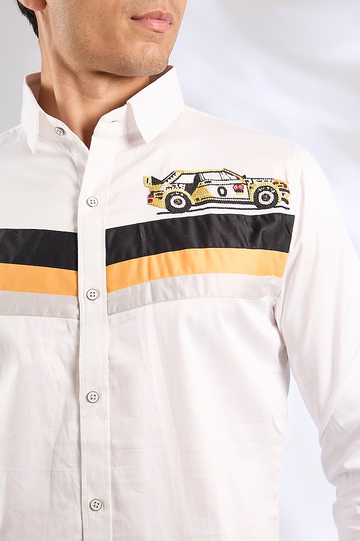 White Cotton Car Motif Party Wear Shirt by SEVENDC MEN at Pernia's Pop Up Shop
