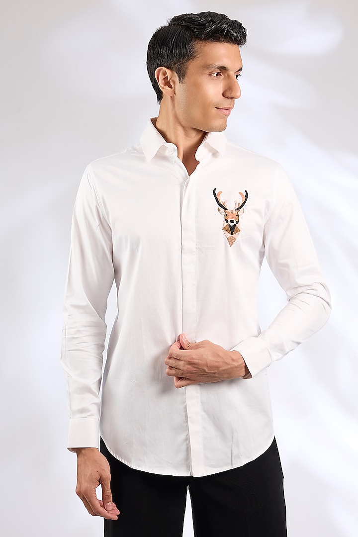 White Cotton Reindeer Motif Shirt by SEVENDC MEN