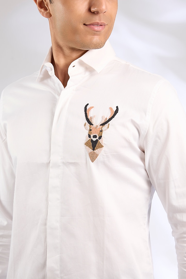 White Cotton Reindeer Motif Party Wear Shirt by SEVENDC MEN at Pernia's Pop Up Shop