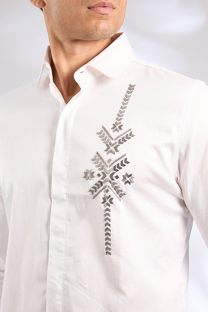 White Cotton Motif Party Wear Shirt by SEVENDC MEN at Pernia's Pop Up Shop