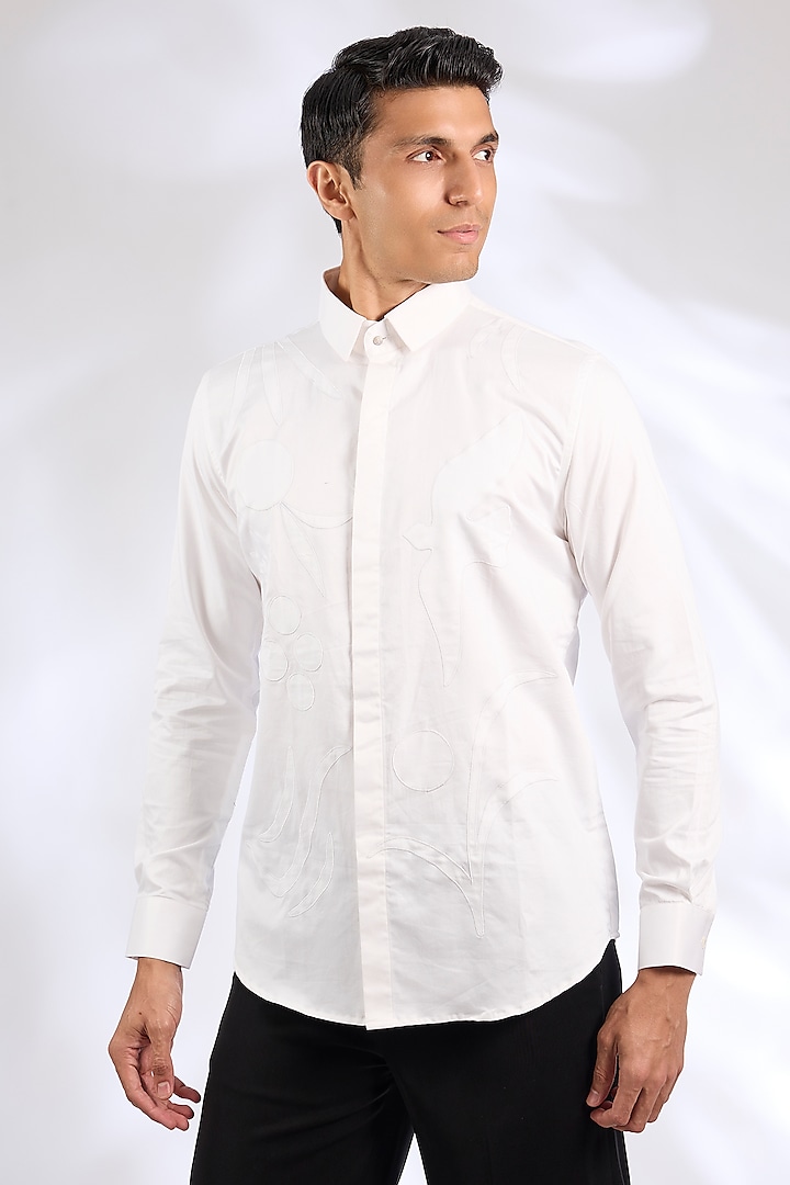 White Cotton Embroidered Shirt by SEVENDC MEN