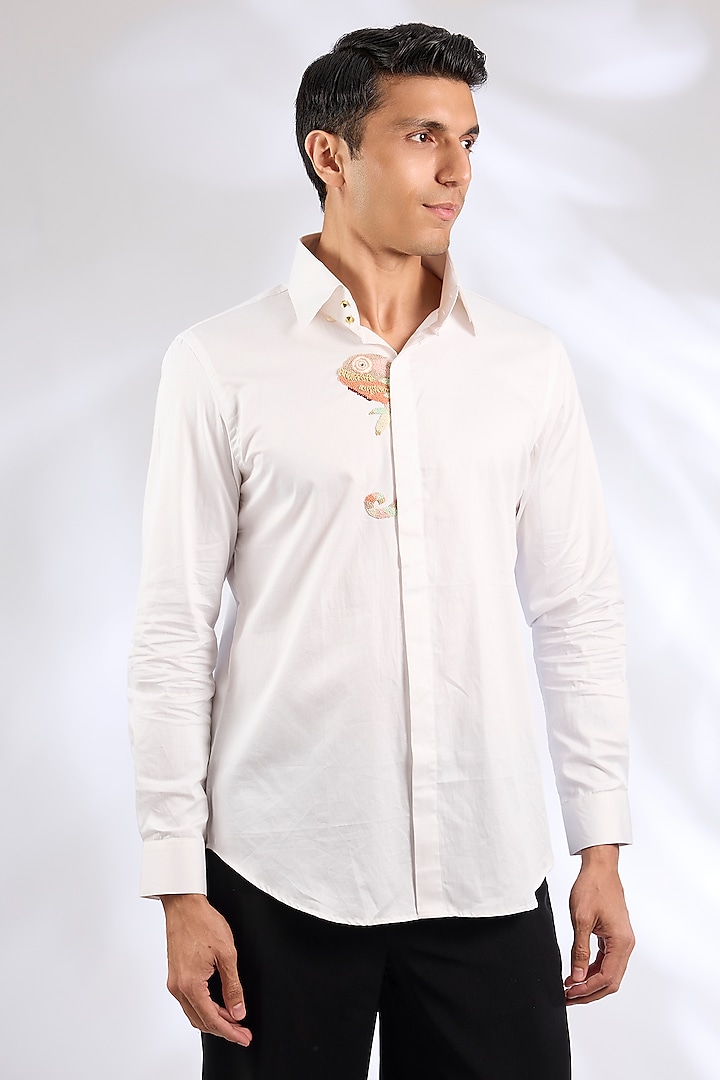 White Cotton Animal Motif Shirt by SEVENDC MEN
