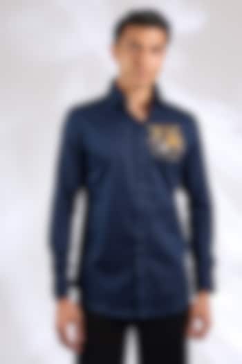 Navy Blue Cotton Tiger Motif Shirt by SEVENDC MEN