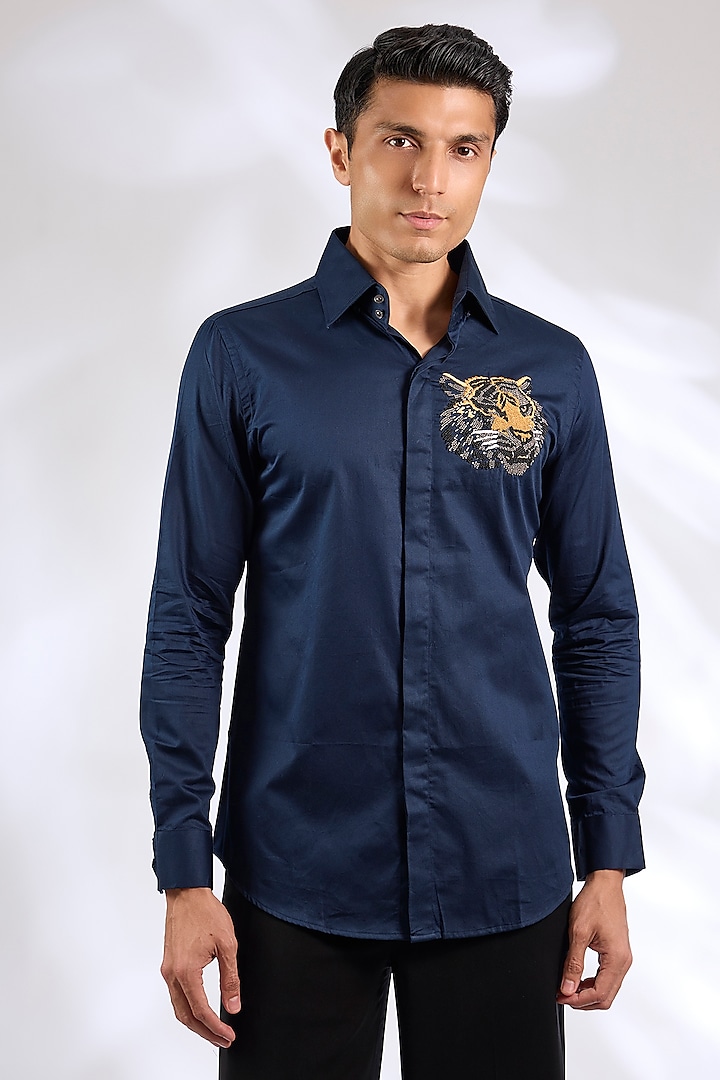 Navy Blue Cotton Tiger Motif Shirt by SEVENDC MEN