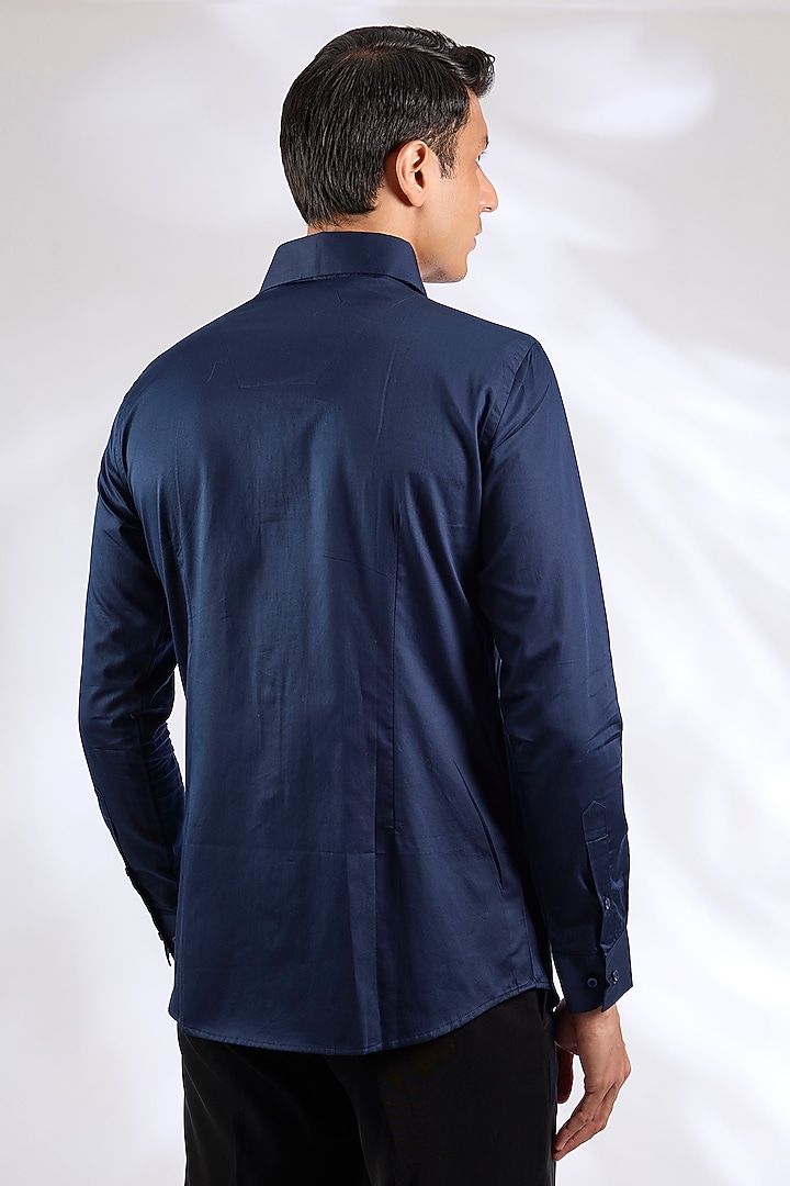 Navy Blue Cotton Tiger Motif Party Wear Shirt by SEVENDC MEN at Pernia's Pop Up Shop