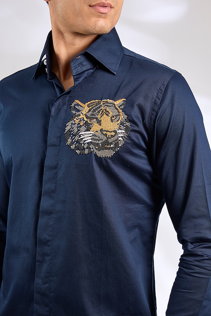 Navy Blue Cotton Tiger Motif Party Wear Shirt by SEVENDC MEN at Pernia's Pop Up Shop