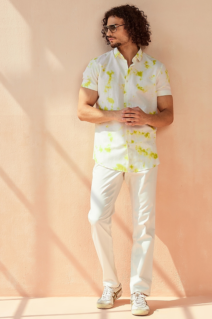 White & Lime Tie-Dye Party Wear Shirt by SEVENDC MEN at Pernia's Pop Up Shop