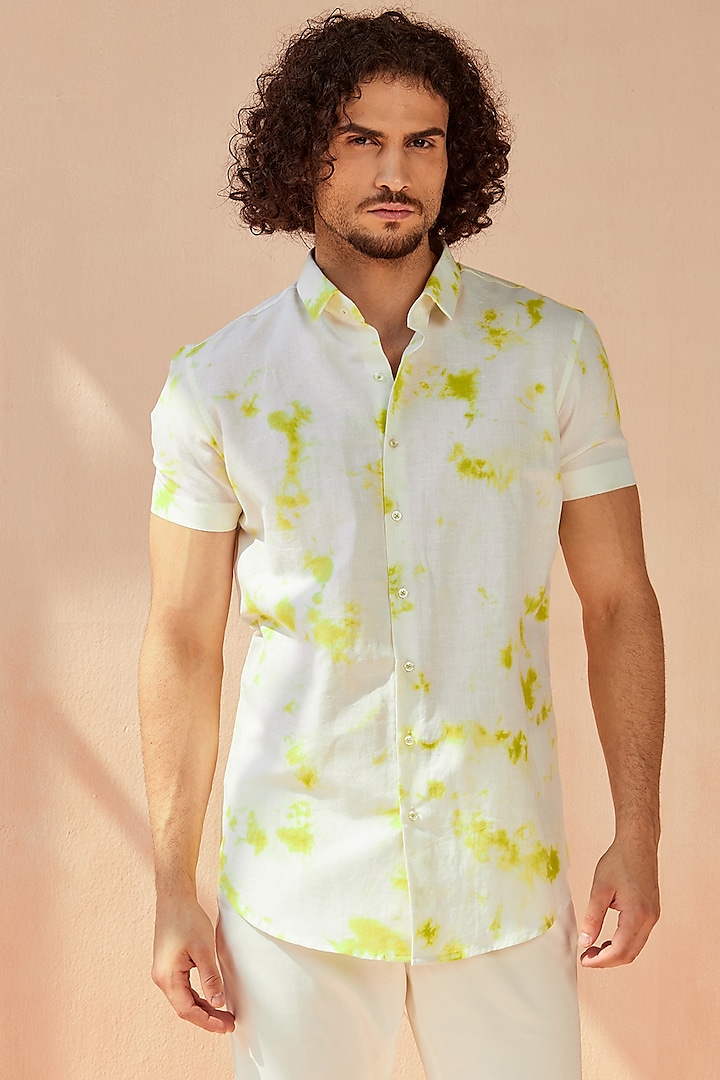 White & Lime Tie-Dye Shirt by SEVENDC MEN