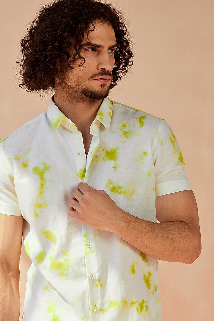 White & Lime Tie-Dye Party Wear Shirt by SEVENDC MEN at Pernia's Pop Up Shop
