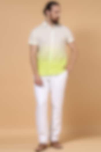 White & Lime Cotton Linen Shirt by SEVENDC MEN
