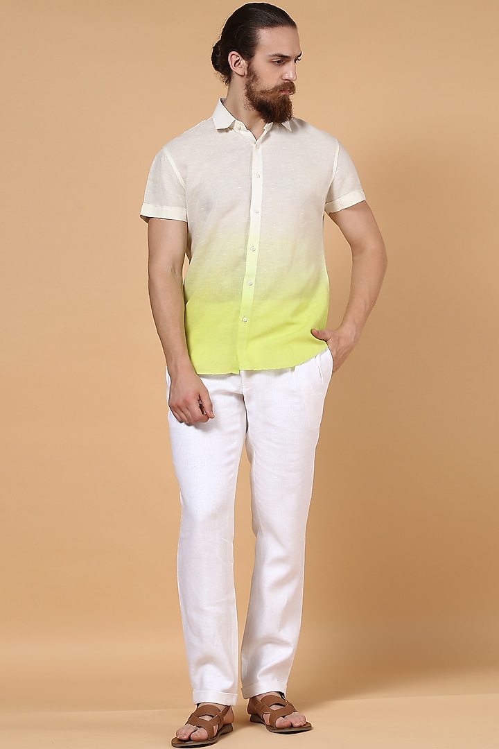 White & Lime Cotton Linen Shirt by SEVENDC MEN