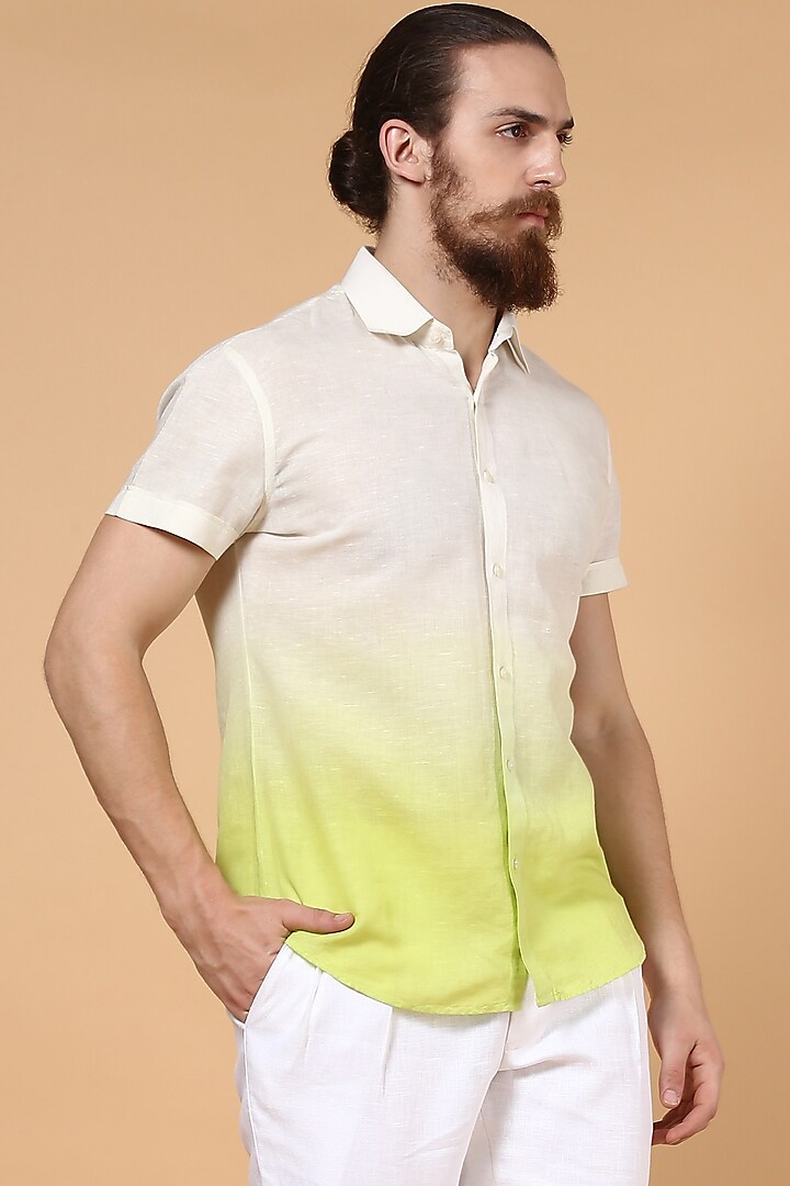 White & Lime Cotton Linen Shirt by SEVENDC MEN at Pernia's Pop Up Shop