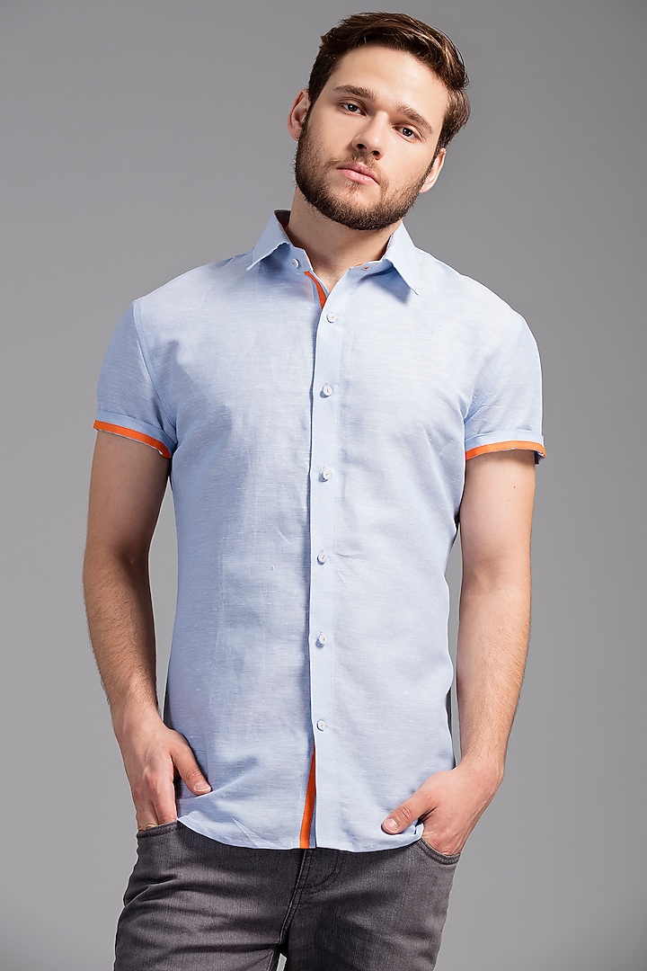 Sky Blue Cotton Linen Summer Shirt by SEVENDC MEN at Pernia's Pop Up Shop