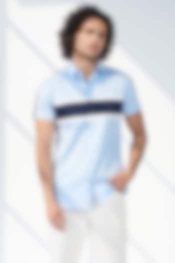 Sky Blue Cotton Color-Blocked Summer party Shirt by SEVENDC MEN at Pernia's Pop Up Shop