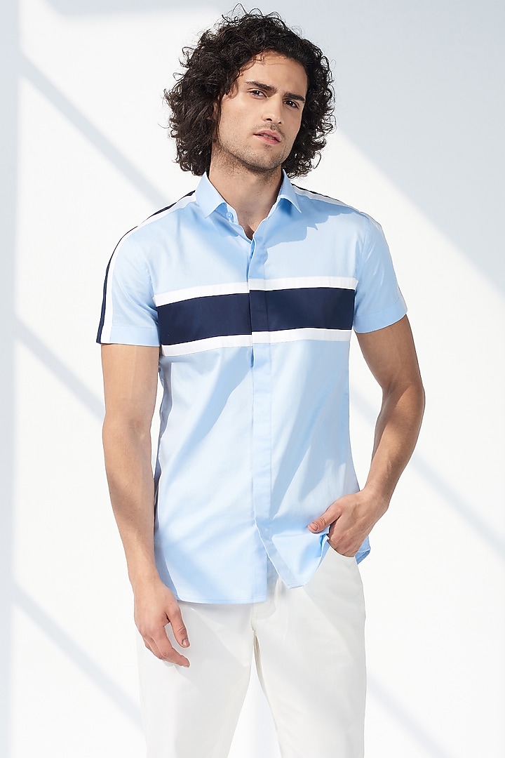 Sky Blue Cotton Color-Blocked Summer party Shirt by SEVENDC MEN at Pernia's Pop Up Shop