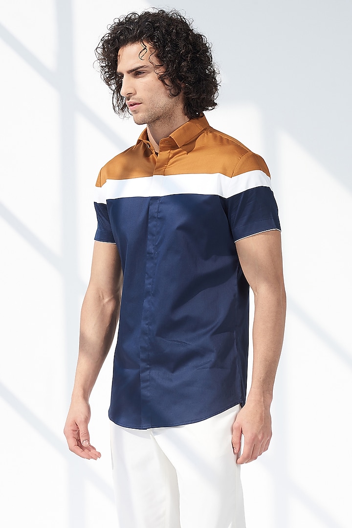 Navy Blue & Tan Cotton Color-Blocked Shirt by SEVENDC MEN