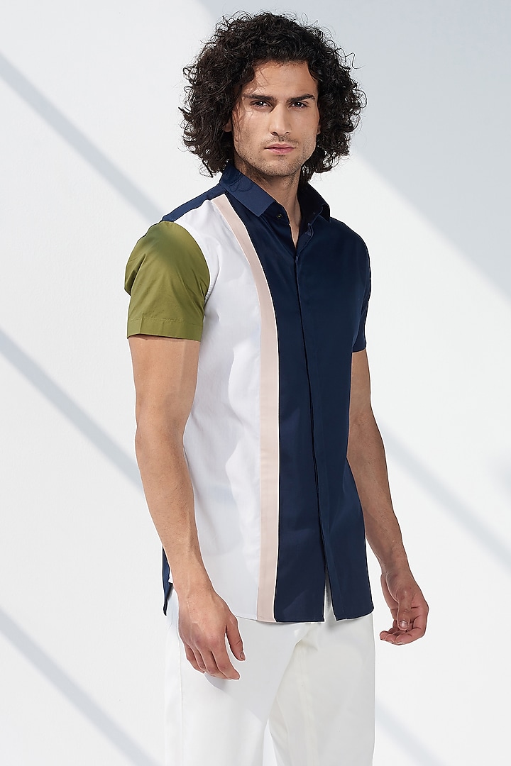 Multi-Colored Cotton Color-Blocked Shirt by SEVENDC MEN