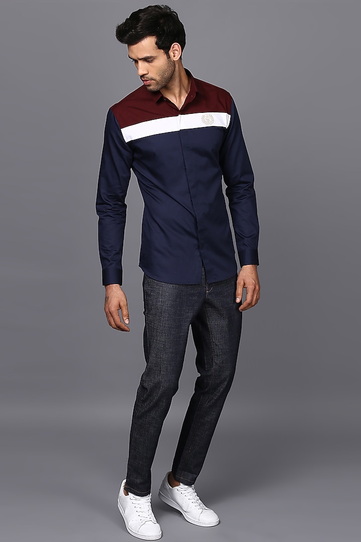 Navy Blue Cotton Hand Embroidered Color-Blocked Party Wear Shirt by SEVENDC MEN at Pernia's Pop Up Shop