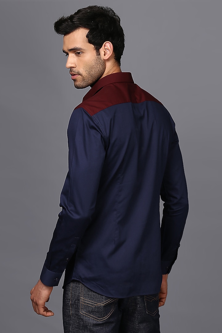 Navy Blue Cotton Hand Embroidered Color-Blocked Party Wear Shirt by SEVENDC MEN at Pernia's Pop Up Shop