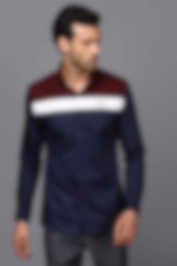 Navy Blue Cotton Hand Embroidered Color-Blocked Party start Shirt by SEVENDC MEN at Pernia's Pop Up Shop