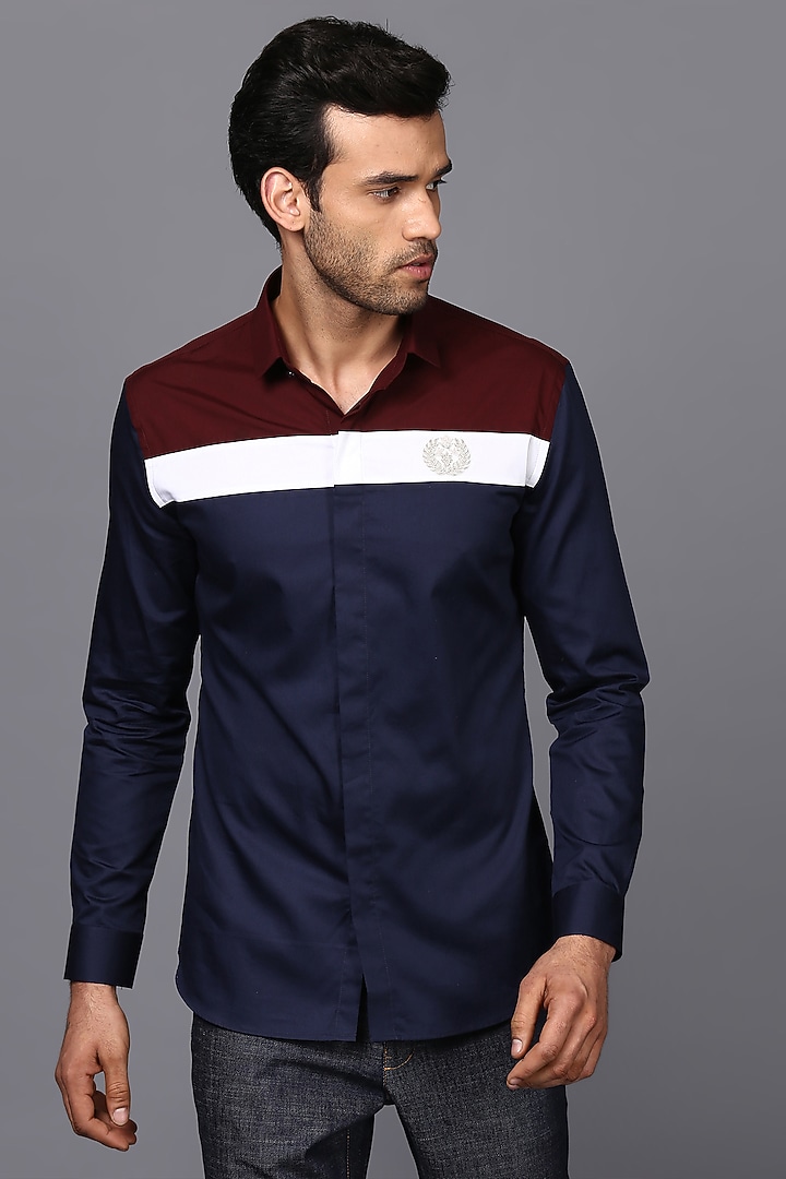 Navy Blue Cotton Hand Embroidered Color-Blocked Party start Shirt by SEVENDC MEN at Pernia's Pop Up Shop