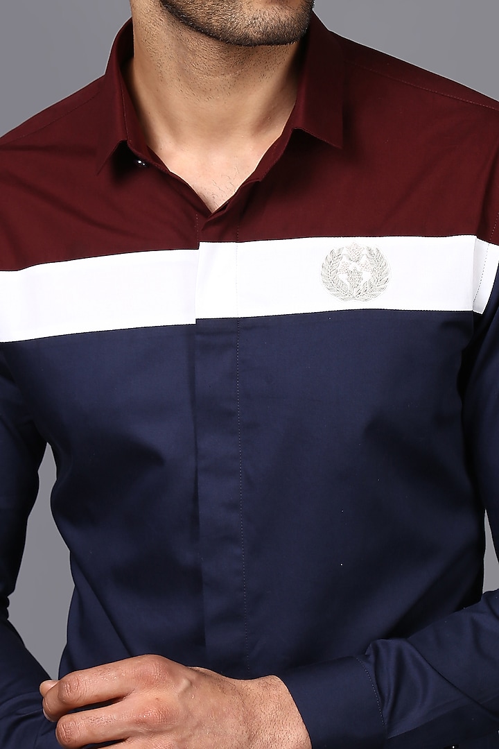 Navy Blue Cotton Hand Embroidered Color-Blocked Party Wear Shirt by SEVENDC MEN at Pernia's Pop Up Shop