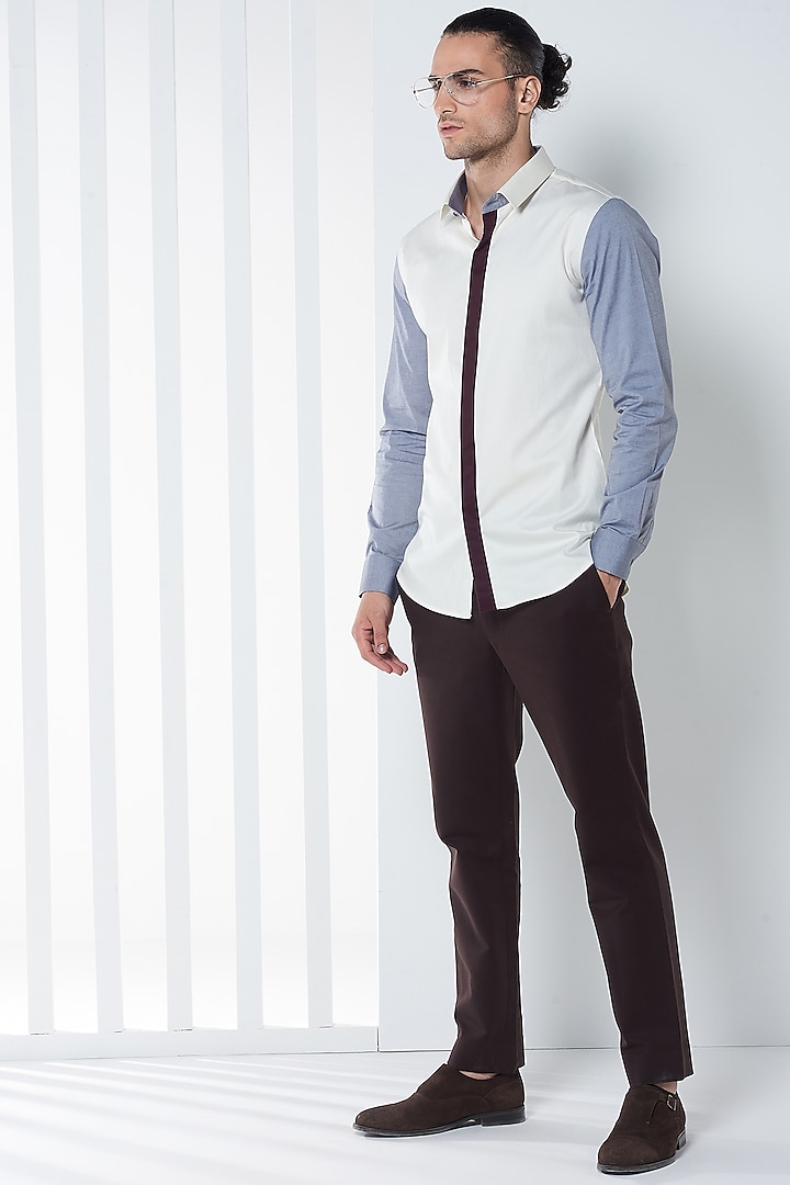 White & Grey Cotton Shirt by SEVENDC MEN