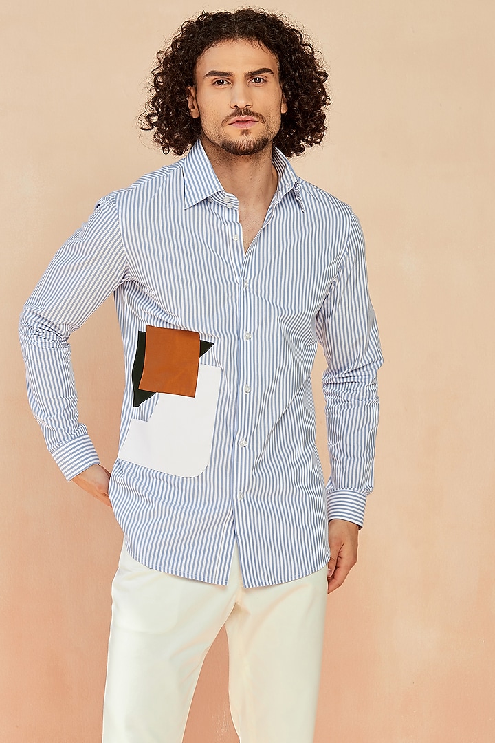 Blue Striped Cotton Party start Shirt by SEVENDC MEN at Pernia's Pop Up Shop