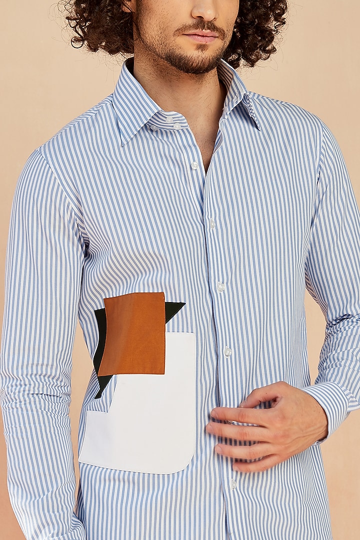Blue Striped Cotton Party Wear Shirt by SEVENDC MEN at Pernia's Pop Up Shop