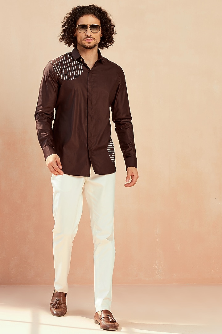 Brown Embroidered Party Wear Shirt by SEVENDC MEN at Pernia's Pop Up Shop