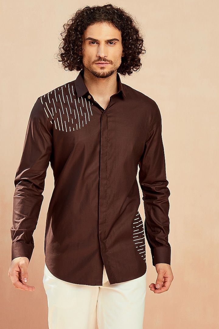 Brown Embroidered Party Wear Shirt by SEVENDC MEN at Pernia's Pop Up Shop