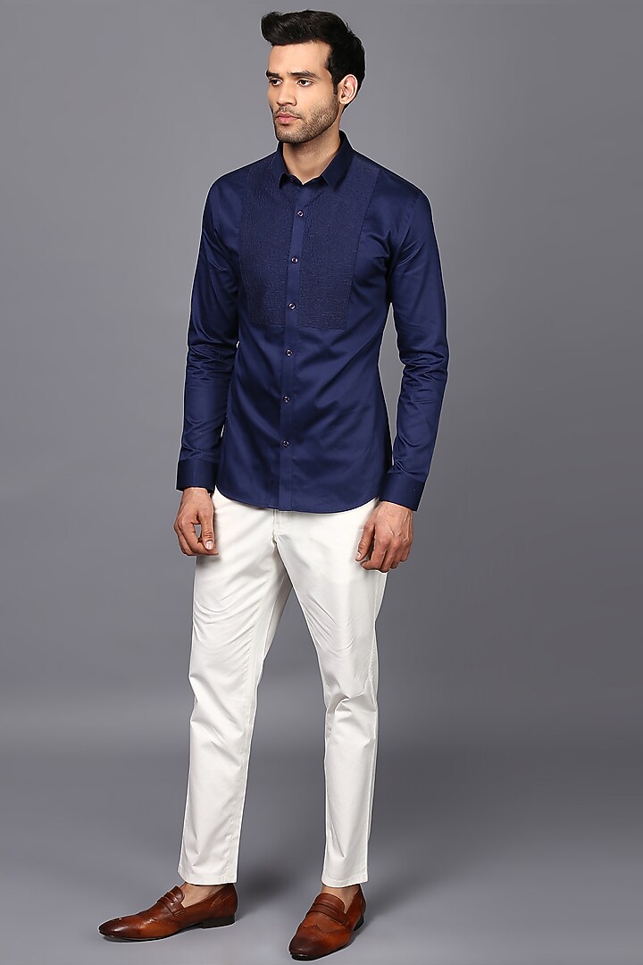 Dark Blue Cotton Party Wear Shirt by SEVENDC MEN at Pernia's Pop Up Shop