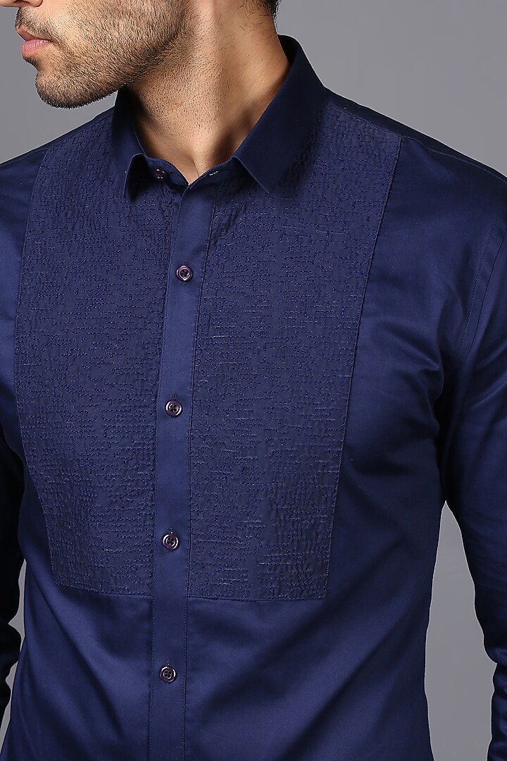 Dark Blue Cotton Party Wear Shirt by SEVENDC MEN at Pernia's Pop Up Shop
