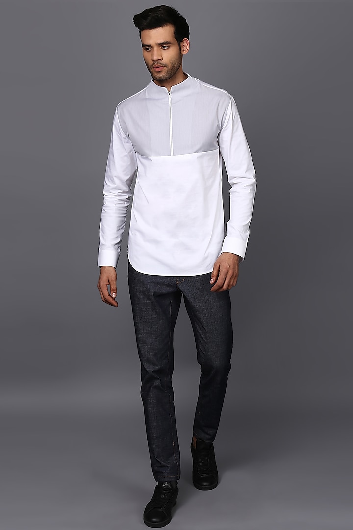 White & Grey Cotton Shirt by SEVENDC MEN