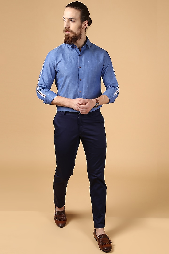 Blue Cotton Linen Shirt by SEVENDC MEN