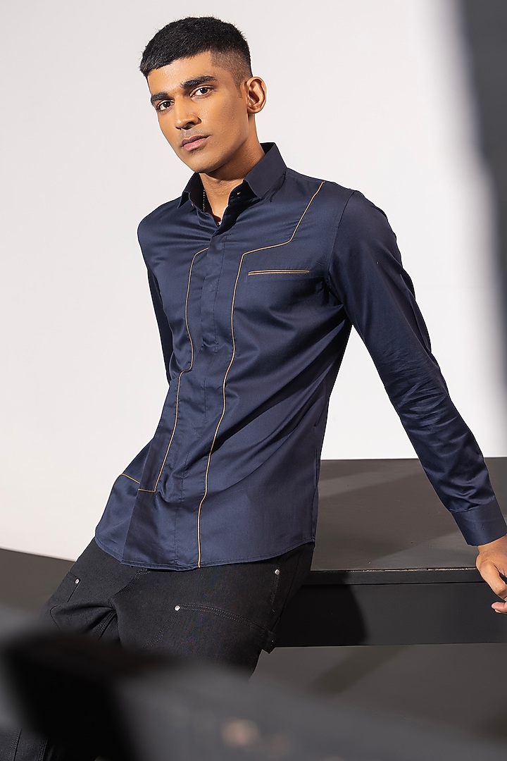 Navy Cotton Party Wear Shirt by SEVENDC MEN at Pernia's Pop Up Shop
