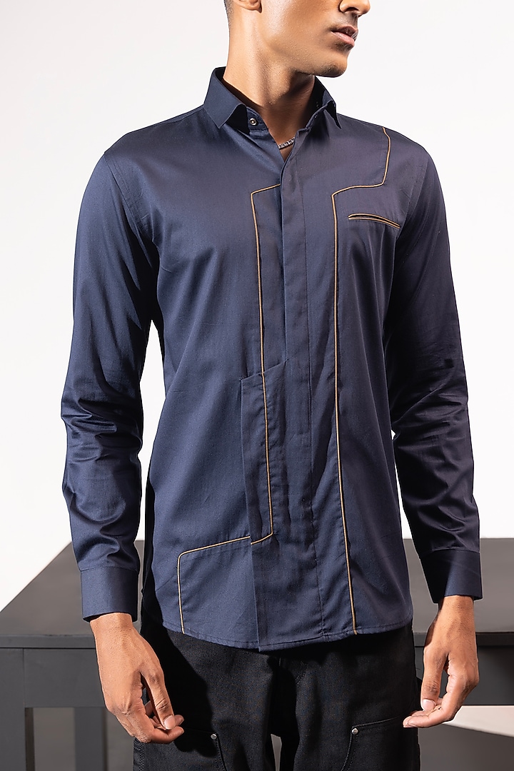 Navy Cotton Party Wear Shirt by SEVENDC MEN at Pernia's Pop Up Shop