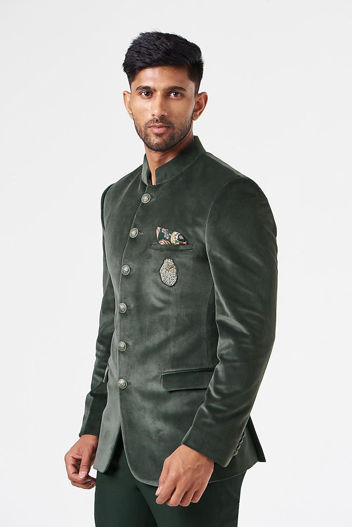 Grey Cotton Velvet Wedding Bandhgala Set by SEVENDC MEN at Pernia's Pop Up Shop