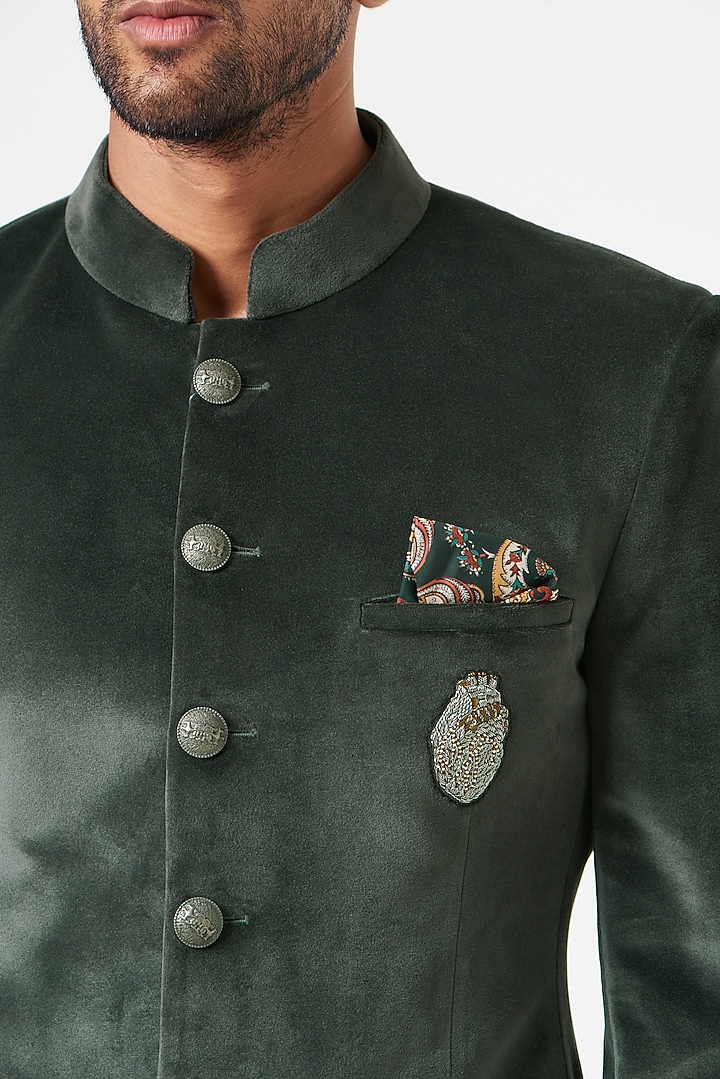 Grey Cotton Velvet Wedding Bandhgala Set by SEVENDC MEN at Pernia's Pop Up Shop