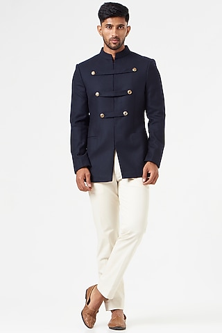 Navy Blue Blended Wool Bandhgala Set by SEVENDC MEN