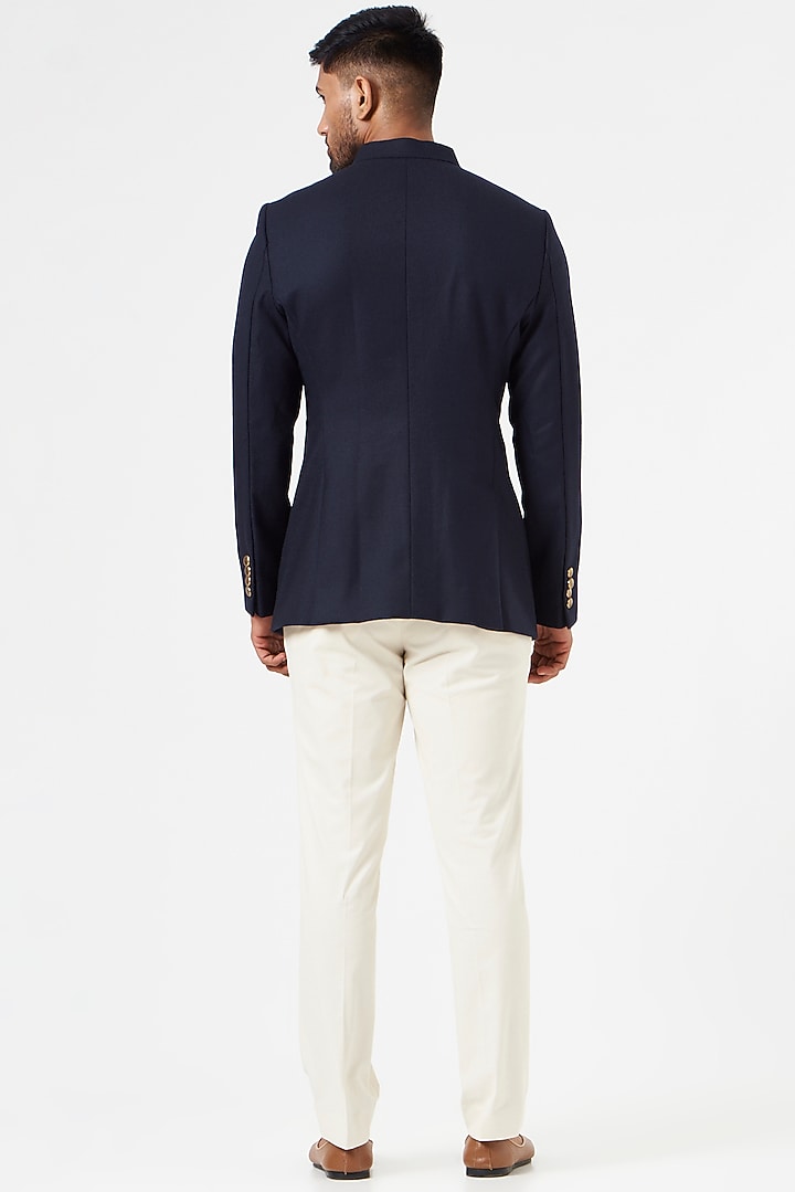 Navy Blue Blended Wool Wedding Bandhgala Set by SEVENDC MEN at Pernia's Pop Up Shop