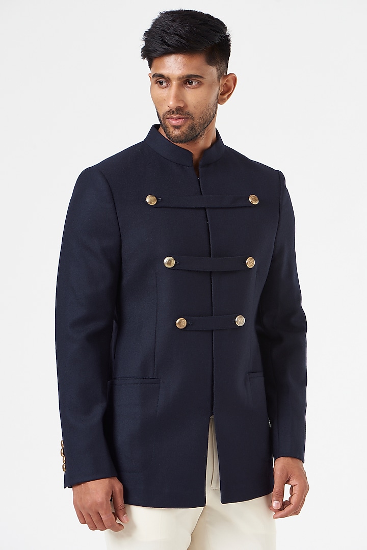 Navy Blue Blended Wool Wedding Bandhgala Set by SEVENDC MEN at Pernia's Pop Up Shop